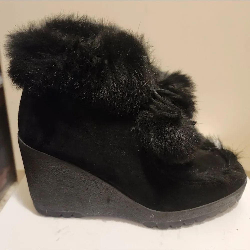 Coach "Kataya" Black Suede Rabbit Fur Wedge Booties Size 7.5 Retail $350